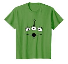 a green t - shirt with an alien face drawn on the chest and eyes open