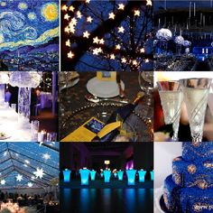 a collage of photos with blue and white decorations, stars on the night sky