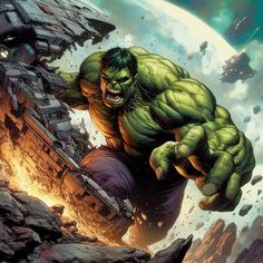 the incredible hulk from avengers comics is flying through space with his arms outstretched and fists out