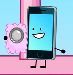 a cartoon cell phone with a speaker in front of it and a pink flower behind it