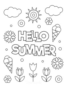 the word hello summer surrounded by flowers, ice cream and sun in black and white