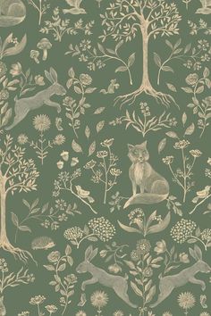 a wallpaper with animals and trees on it's green background, in the style of person