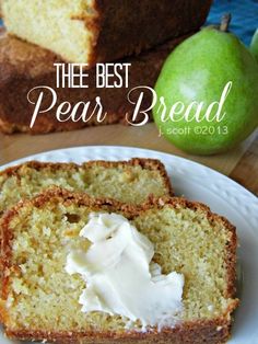 the best pear bread with cream cheese frosting is on a plate next to an apple