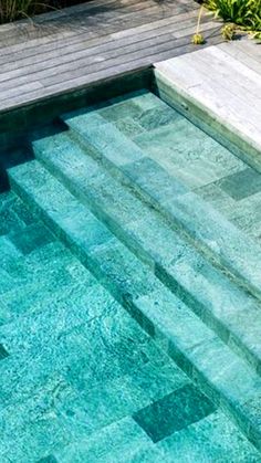 an empty swimming pool with steps leading up to the water's edge and plants in the background