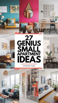 the words genius small apartment ideas are in black and white, with images of different rooms