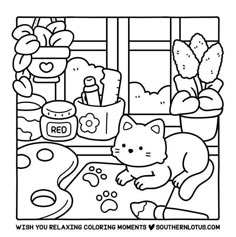 a coloring book page with an image of a cat in the window and other items