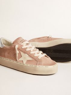 Hi Star in pink suede with cream star and silver leather heel tab | Golden Goose Lace Socks, Golden Goose Deluxe Brand, Star Sneakers, Tshirt Skirt, Pink Suede, Golden Goose, Shirt Skirt, Metallic Leather, Leather Heels