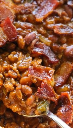 closeup of bacon and beans in a bowl