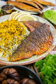 fish, rice and other foods on a table