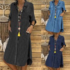 Top Rated Women Ladies Denim Dress Shirt Midi Long Sleeve Loose Buttons Solid Color Gown, women's dresses Casual Denim Dress, Leisure Dress, Elegant Summer Dresses, Mid Skirt, Denim Maxi, Denim Patterns, Casual Skirt, One Piece Dress, Dress Plus Size