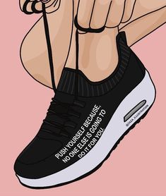 a woman's foot wearing black and white sneakers with the words run your best on it