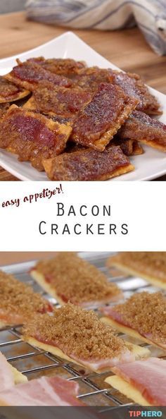 bacon crackers sitting on top of a white plate next to an image of bacon