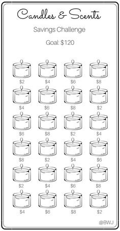 the savings challenge for candles and soaps is shown in black and white with numbers on it