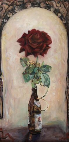 a painting of a bottle with a rose in it