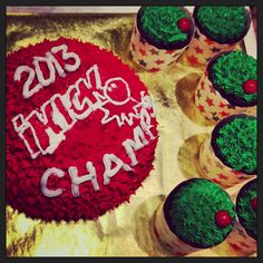 the cupcakes are decorated with green and red frosting