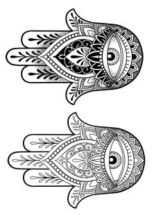 two hands with intricate designs on the palm and one hand holding an eye in the middle