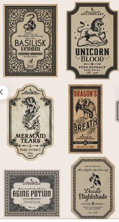 six different types of wine labels on a white background, each with an image of a dragon