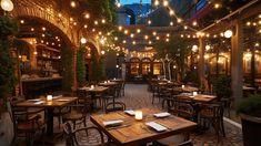 an outdoor dining area with tables, chairs and lights strung from the ceiling over them