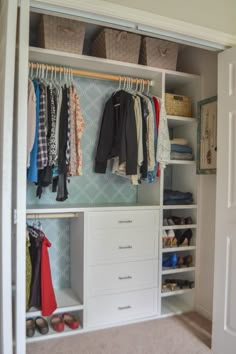 an organized closet with clothes and shoes