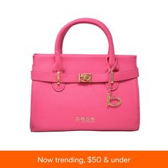 a pink handbag with the words now trending, $ 50 & under