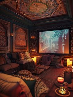 a living room filled with furniture and a projector screen in the middle of it