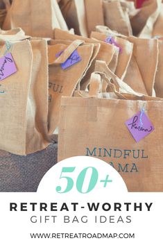 several bags with the words, 50 + rereaat worthy gift bag ideas on them