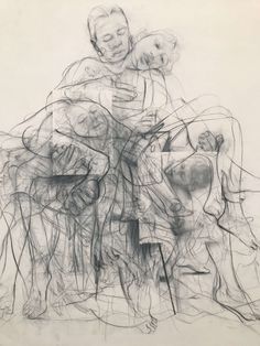 a black and white drawing of two people sitting on a chair with their arms around each other