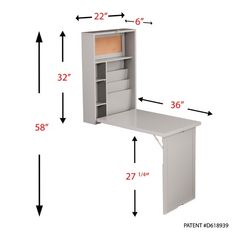 a white desk with drawers and measurements for the top drawer, bottom shelf and bottom cabinet