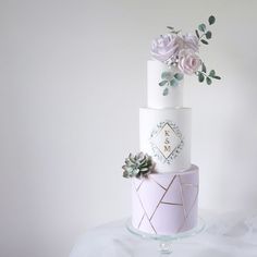 a three tiered wedding cake with succulents on top