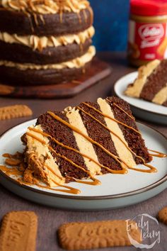 a slice of chocolate cake with peanut butter drizzled on top and cookies around it