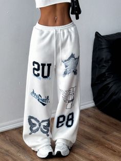 1pc Personality Print Drawstring Waist Street Casual Sweatpants White    Fabric Animal,Letter,Butterfly Straight Leg Slight Stretch  Women Clothing, size features are:Bust: ,Length: ,Sleeve Length: Sweat Pants Design Ideas, Sweatpant Designs, Cute Sweat Pants, Sweatpants Ideas, Ripped Sweatpants, Sweatpants Cute, Cool Sweatpants, Gym Sweatpants, Pants Aesthetic