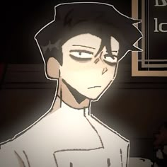 an animated image of a man in a white shirt and black hair, staring at the camera