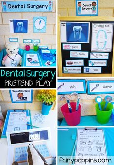 Dental Surgery dramatic play center for preschool, kindergarten or first grade. Learn about how to have healthy teeth through pretend play. Great for a dental unit or dental week. #dramaticplay #pretendplay #dentalactivities #fairypoppinsresources Dental Health Month Activities, Dental Activities, Fairy Poppins, Dental Health Week, Dental Health Activities, Dramatic Play Center, Dramatic Play Printables, Dental Health Month