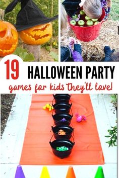 halloween party games for kids they'll love with pumpkins, witches and witch hats