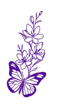 a drawing of a butterfly and flowers on a white background