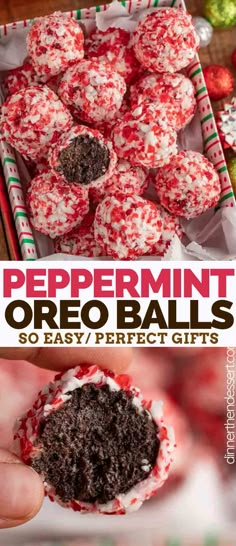 peppermin oreo balls with white and red sprinkles in the middle