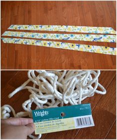 two pictures showing how to make wigs out of yarn with scissors and glue on them