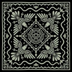 a black and white square design with two birds on the center, surrounded by ornate designs