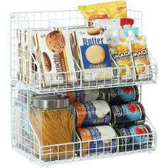 two baskets filled with food and snacks on top of each other in front of a white background