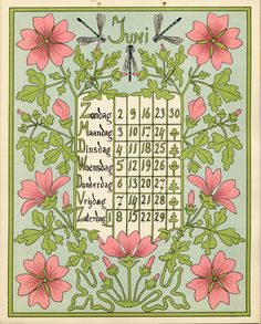 a calendar with pink flowers and green leaves on the front, surrounded by words written in cursive writing