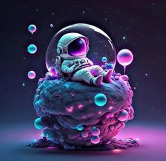 an astronaut sitting on top of a rock surrounded by bubbles