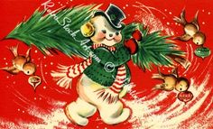 an old fashioned christmas card with a teddy bear carrying a tree