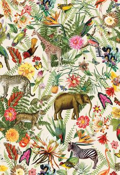 an animal themed wallpaper with many different types of animals and flowers on it's side