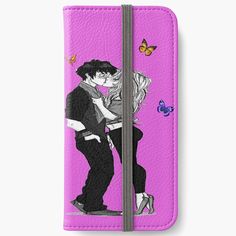 a couple kissing in front of a pink background with butterflies on it iphone wallet case