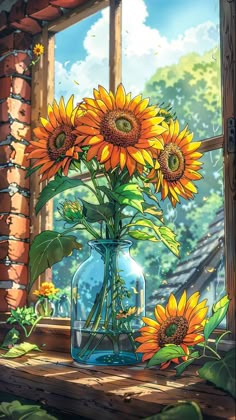 sunflowers in a vase on a window sill