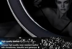 a woman is looking into a mirror with sparkles on it and the caption reads, high quality leather