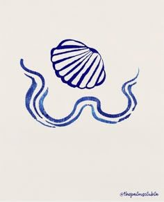 a blue and white drawing of a seashell on a white paper with water swirling around it