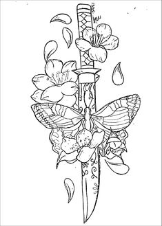 a drawing of a knife with flowers and butterflies on the blade, in black and white