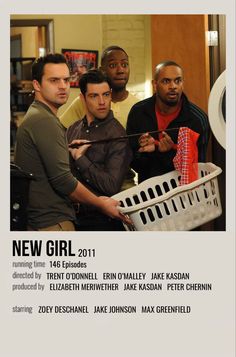 a group of men standing next to each other in front of a laundry basket with the words new girl on it