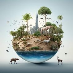 an island with animals and birds floating in the air